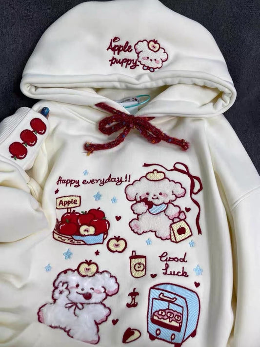 “Apple Puppy” Embroidered Hoodie – Cream with Red Accents & Whimsical Motifs