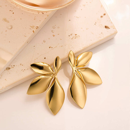 Triple Leaf Earrings – Sculpted Gold Design | Stainless Steel 18K Gold Plated