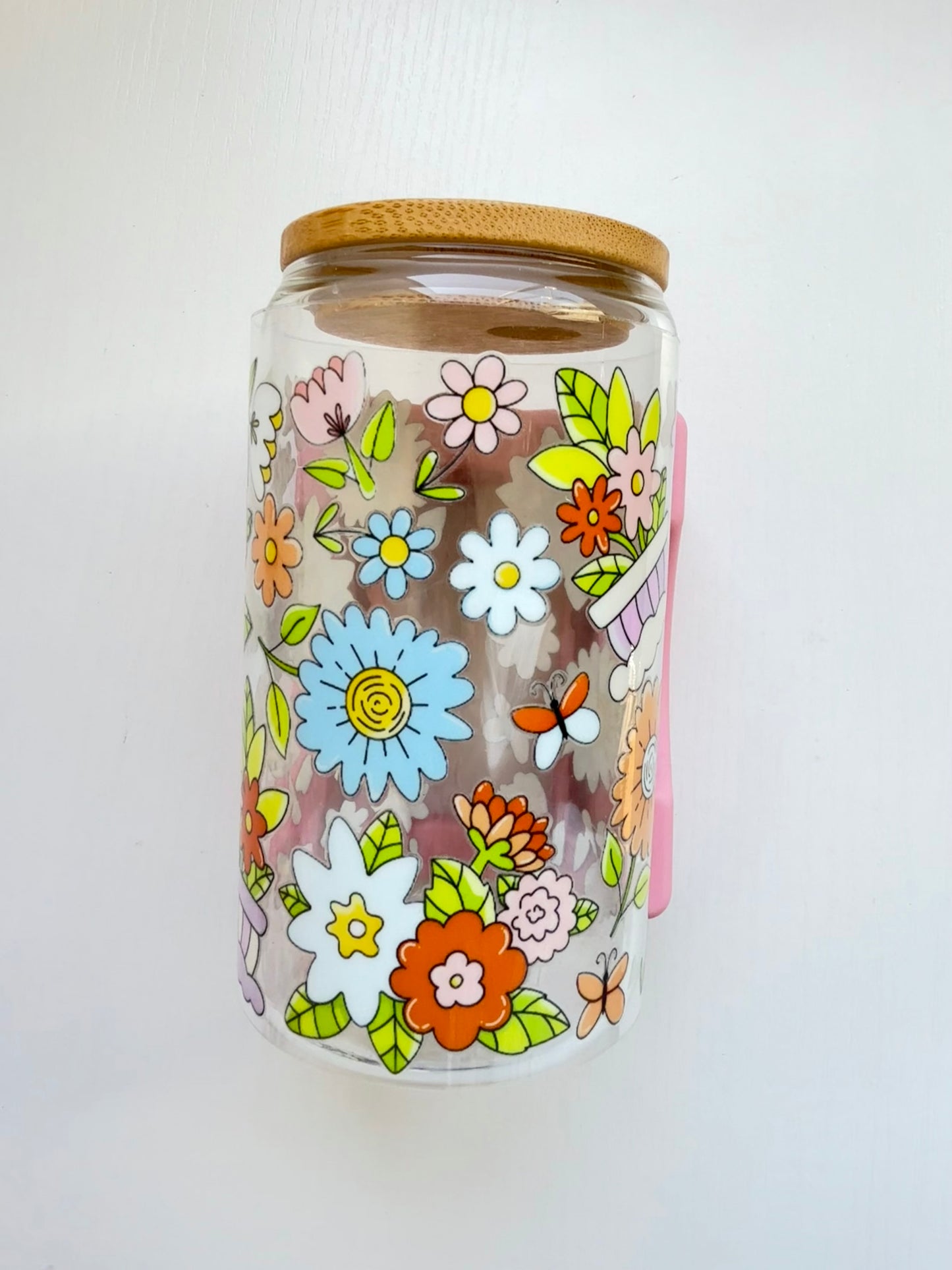 Butterfly Garden Glass Cup – 16 oz Vibrant Floral with Lid Choice