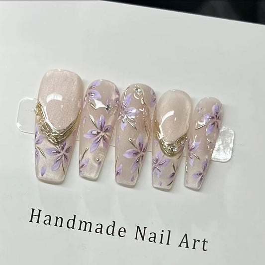Press-On Nails – Purple Floral Elegance