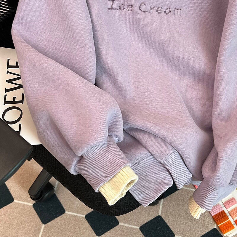“Ice Cream” Embroidered Sweatshirt – Lavender with Pastel Cone Designs & Yellow Trim