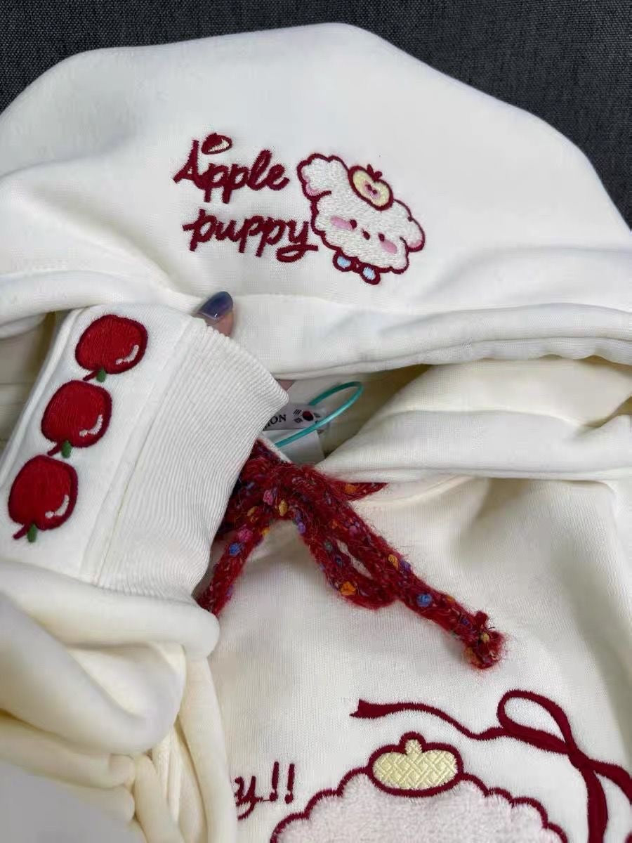 “Apple Puppy” Embroidered Hoodie – Cream with Red Accents & Whimsical Motifs