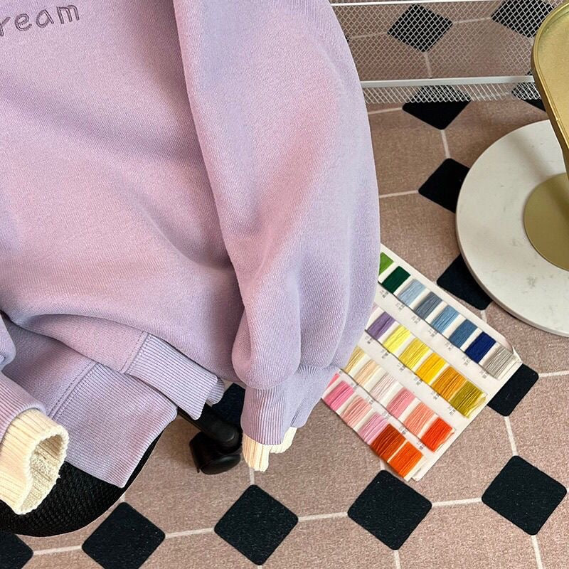 “Ice Cream” Embroidered Sweatshirt – Lavender with Pastel Cone Designs & Yellow Trim