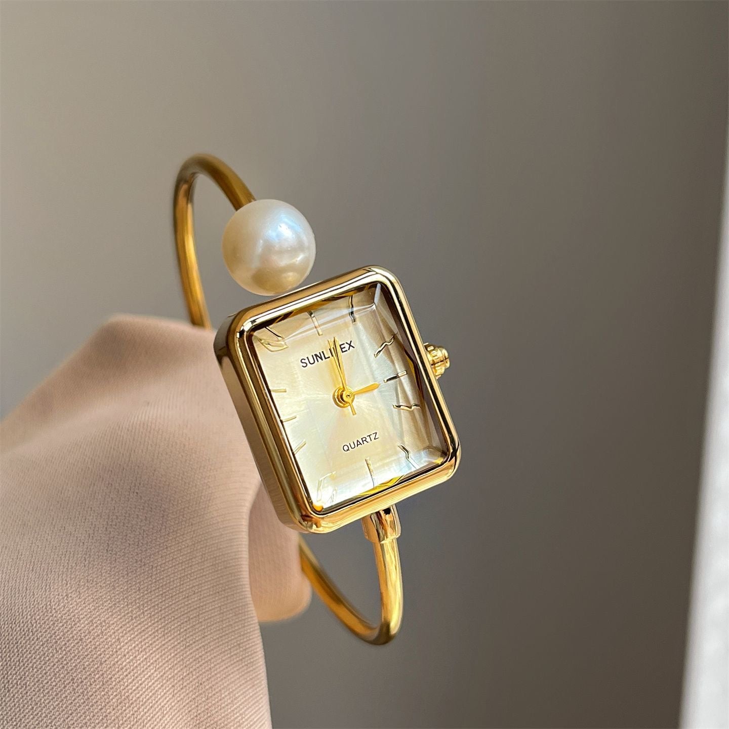 SUNLUX Square Women’s Bangle Watch – Gold-Tone Case with Pearl Accent & Pearlescent Dial