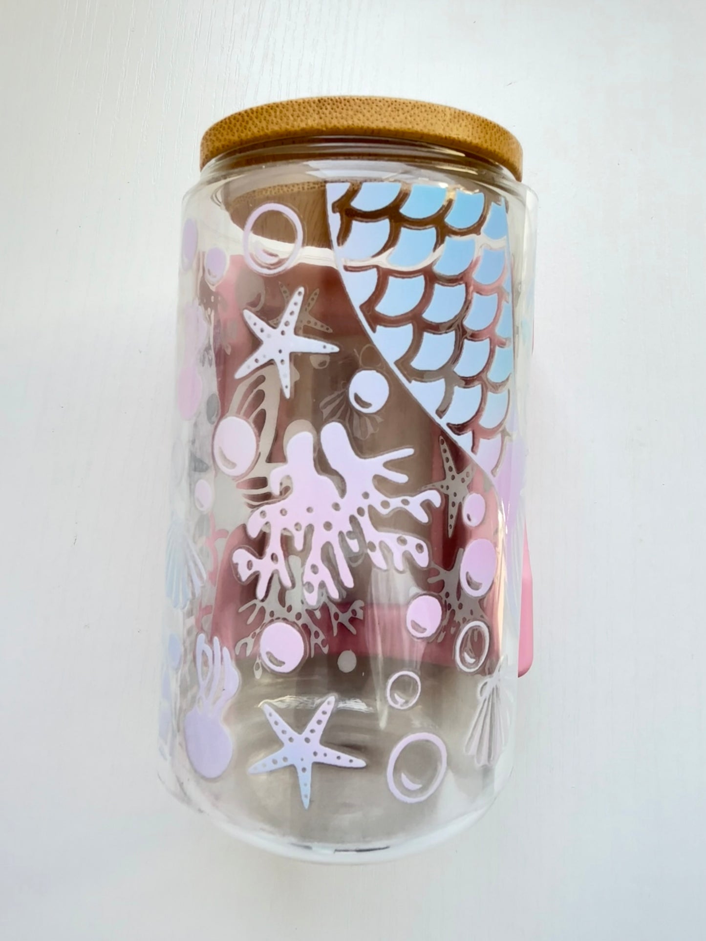 Mermaid-Inspired Glass Cup – 16 oz Ocean Theme with Lid Choice